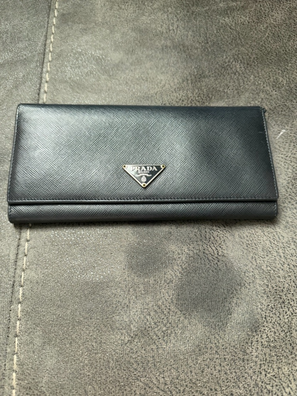 Prada Black Saffiano Leather Long Wallet with Triangular Logo
